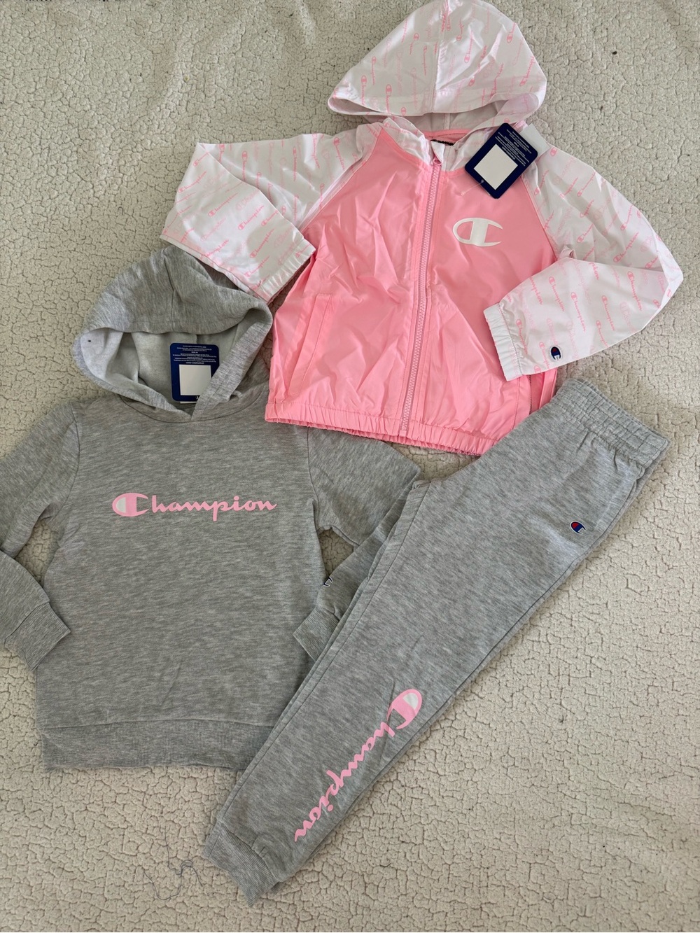 New Sz 6 Champion Pink & Gray Girls' 3-Piece Hoodie, Windbreaker & Joggers Set
